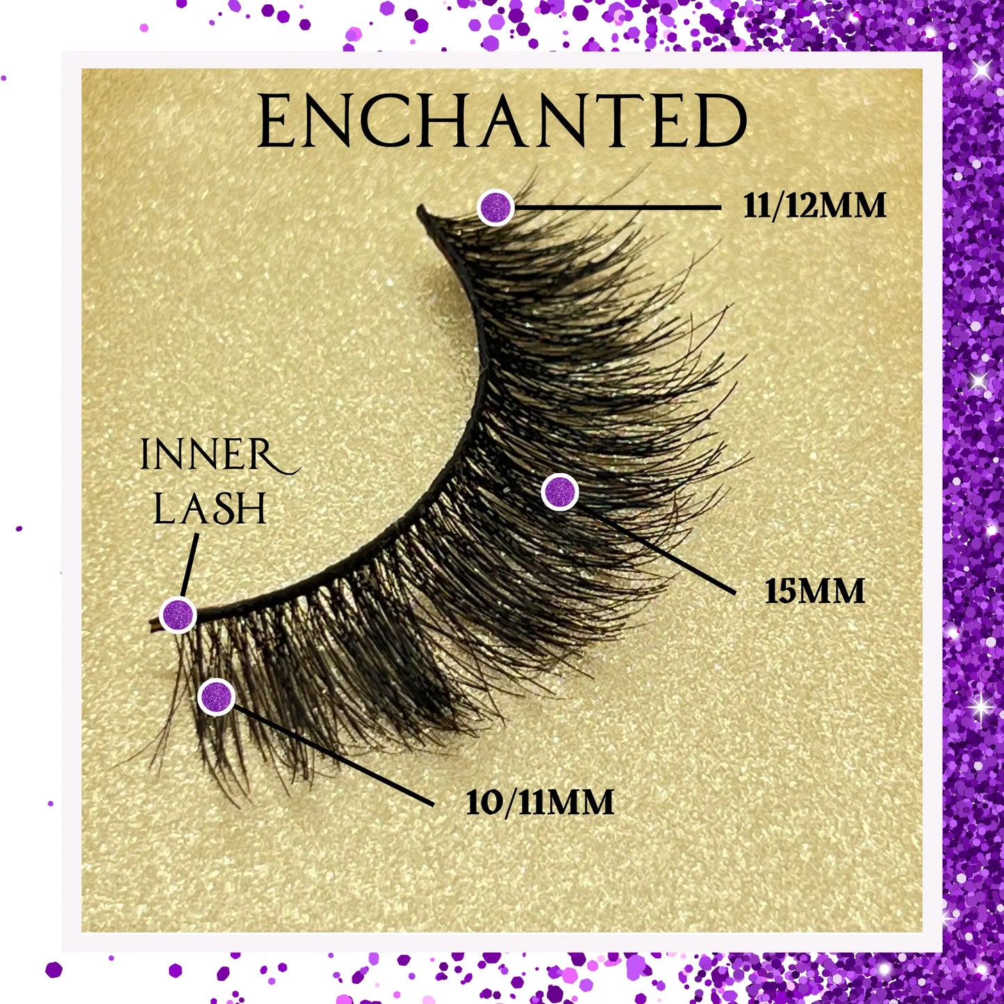 Close-up of lash fibers showing natural looking wispy 15mm Enchanted lashes — double layer human hair vegan false lashes
