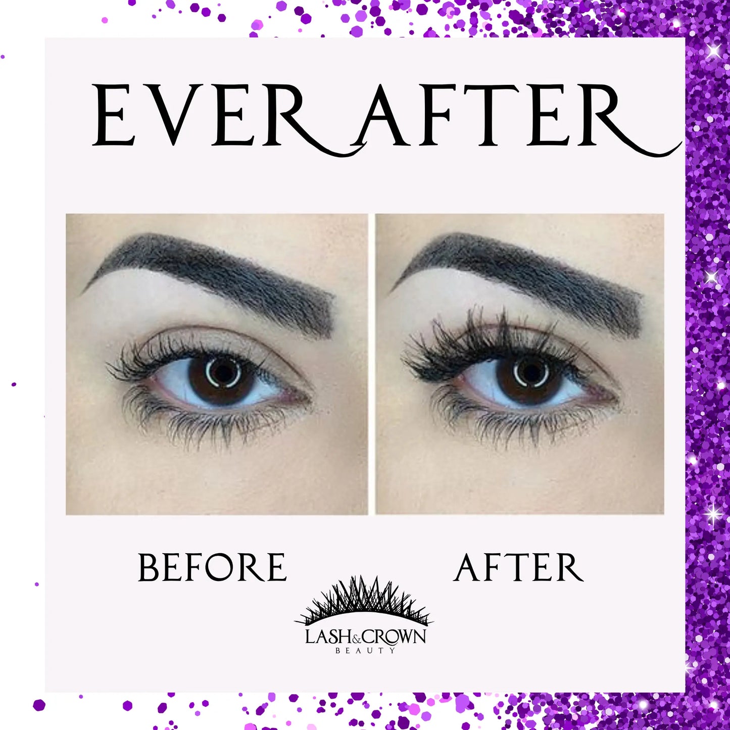 Before and after wearing Ever After luxury lashes — Fairytale glam eyes with Ever After vegan false lashes — Lash & Crown Beauty