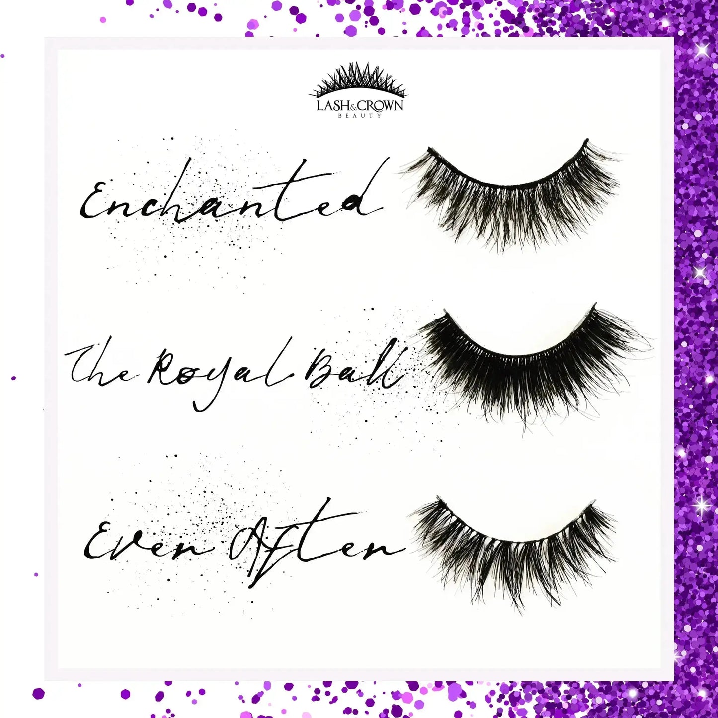 Lash and Crown beauty vegan false eyelash collection - branding on a white and purple glittery background.