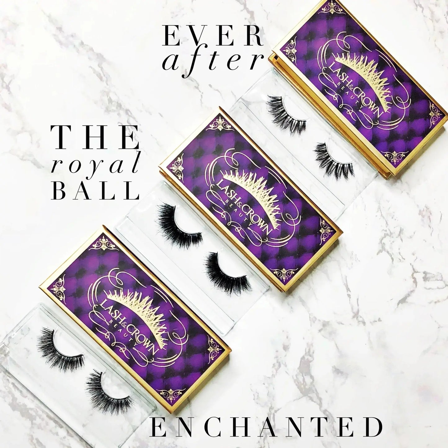 Luxury magnetic lash boxes showing reusable false lashes —  Vegan false lashes with gold foil and royal purple fairytale lash box — Lash & Crown Beauty branding