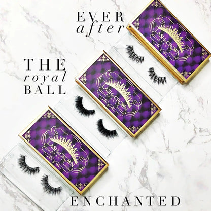 Luxury magnetic lash boxes showing reusable false lashes —  Vegan false lashes with gold foil and royal purple fairytale lash box — Lash & Crown Beauty branding
