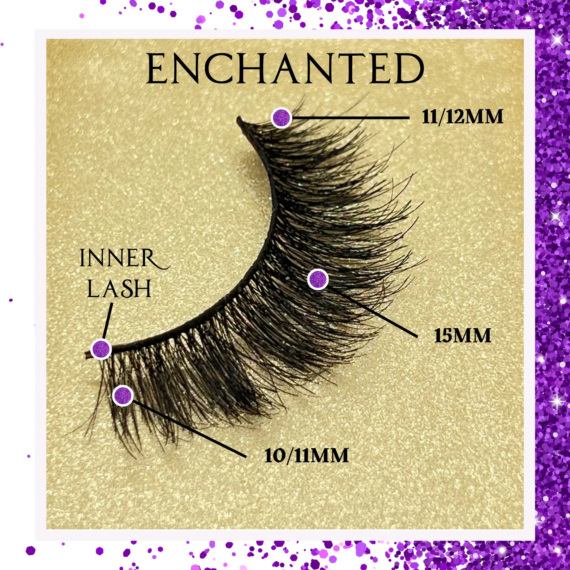 Close-up of lash fibers showing natural looking wispy 15mm Enchanted lashes — double layer human hair vegan false lashes