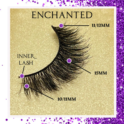 Close-up of lash fibers showing natural looking wispy 15mm Enchanted lashes — double layer human hair vegan false lashes