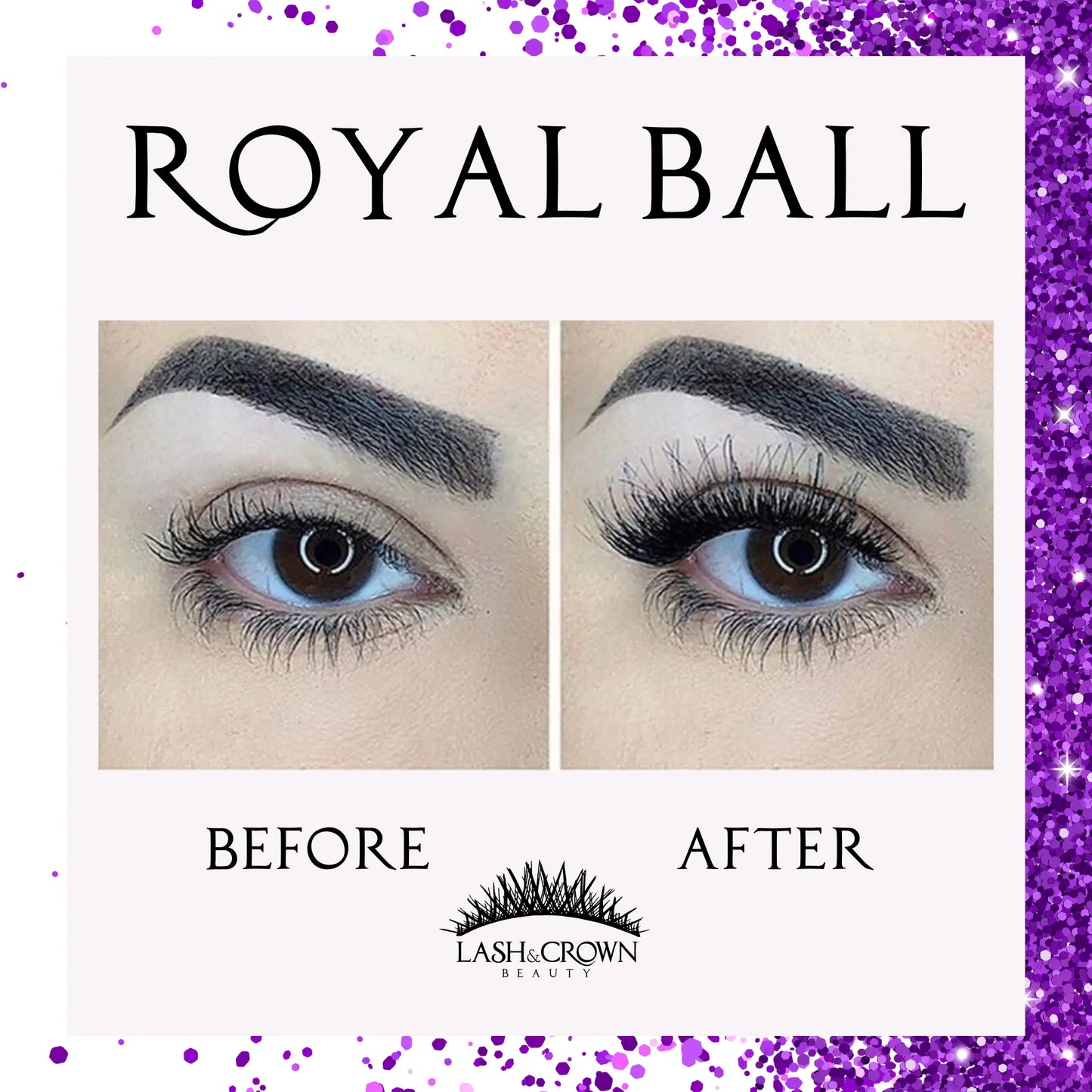 Before and after wearing Royal Ball luxury lashes — Fairytale glam eyes with Royal Ball vegan false lashes — Lash & Crown Beauty
