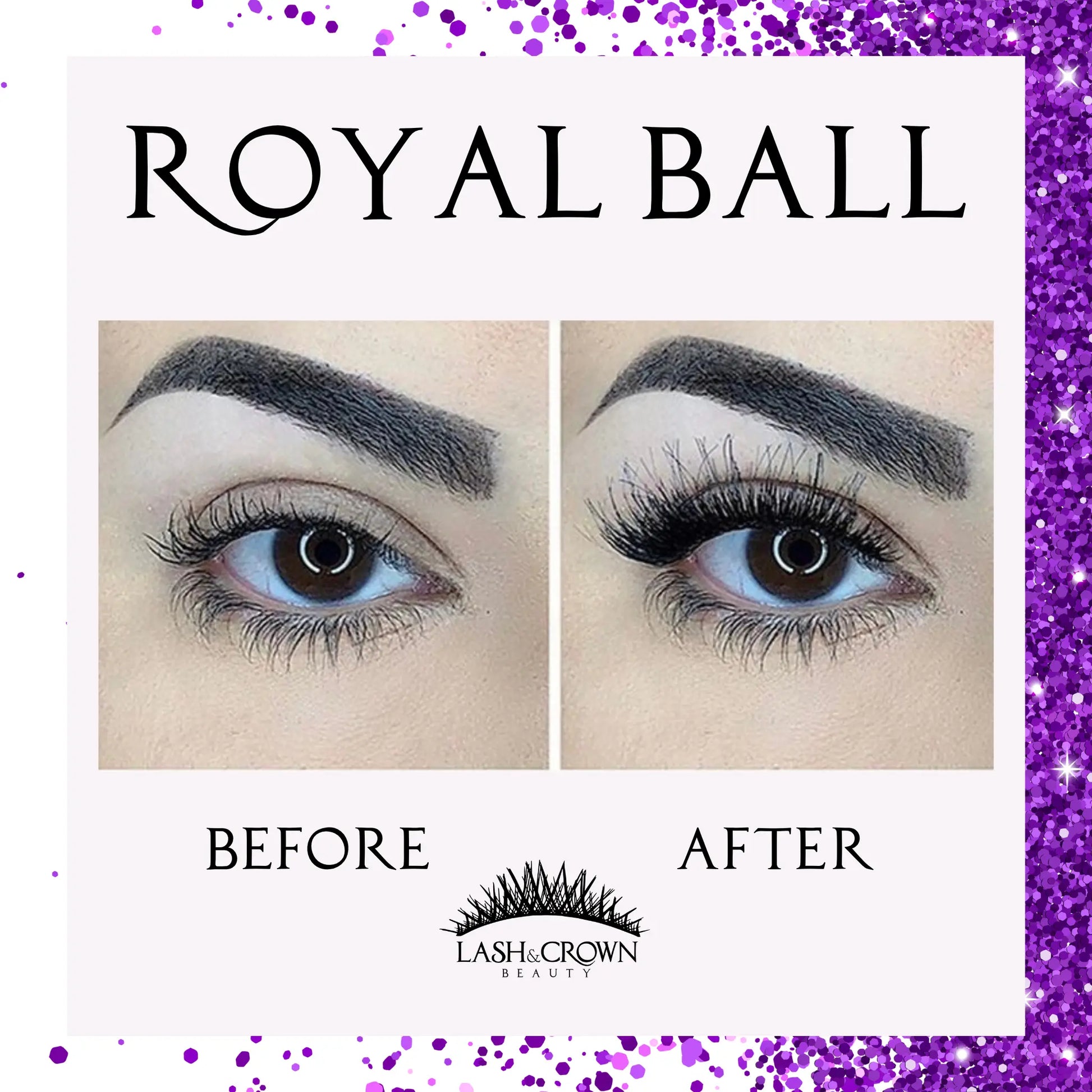 Before and after wearing Royal Ball luxury lashes — Fairytale glam eyes with Royal Ball vegan false lashes — Lash & Crown Beauty
