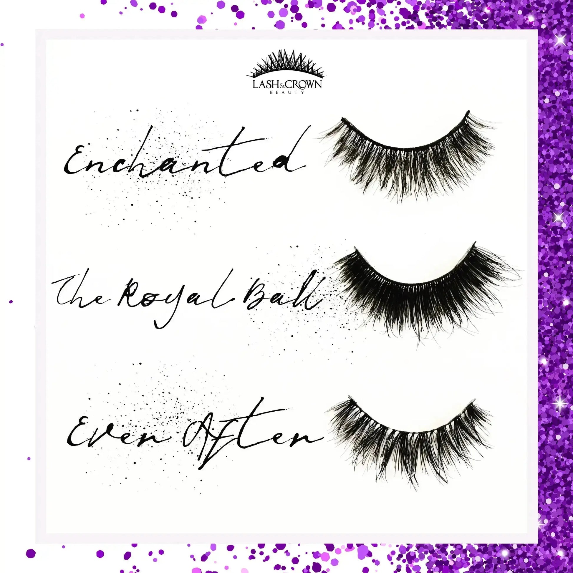 Lash and Crown beauty vegan false eyelash collection - branding on a white and purple glittery background.