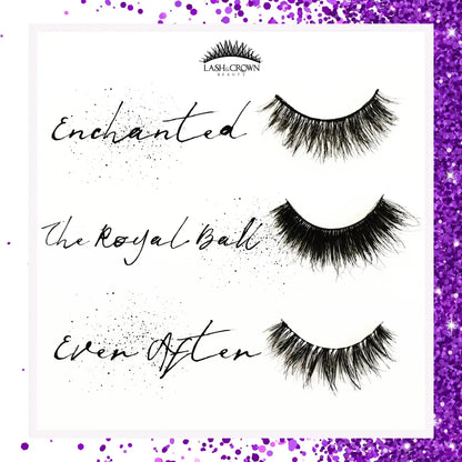 Lash and Crown beauty vegan false eyelash collection - branding on a white and purple glittery background.